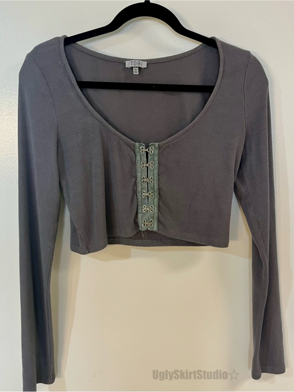 Tobi Ortega Grey Ribbed Hook & Eye Crop Top Minimal Streetwear Essential